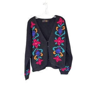 Eddie Bauer‎ Women's Knit Crochet Floral Cardigan VTG Black Wool Button Up Large